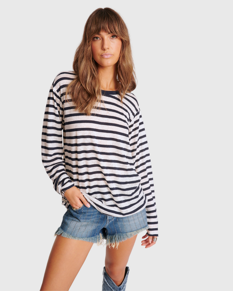 Linen Stripe Long Sleeve Boyfriend Tee Blue/White