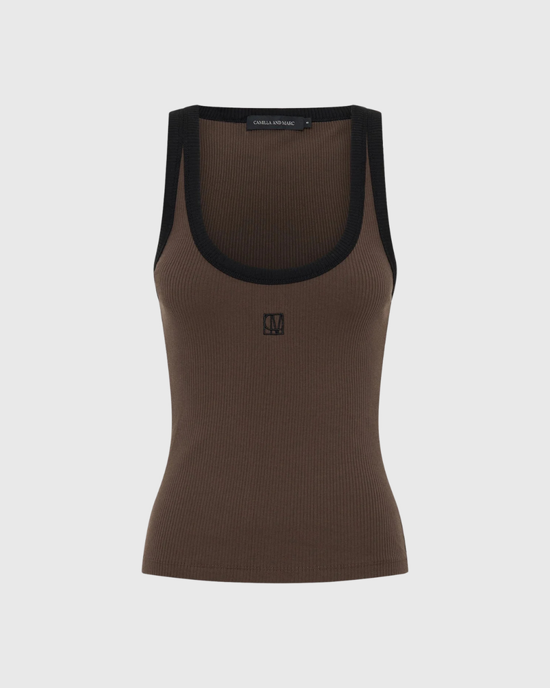 Nora Contrast Bind Scoop Neck Tank Mocha Brown