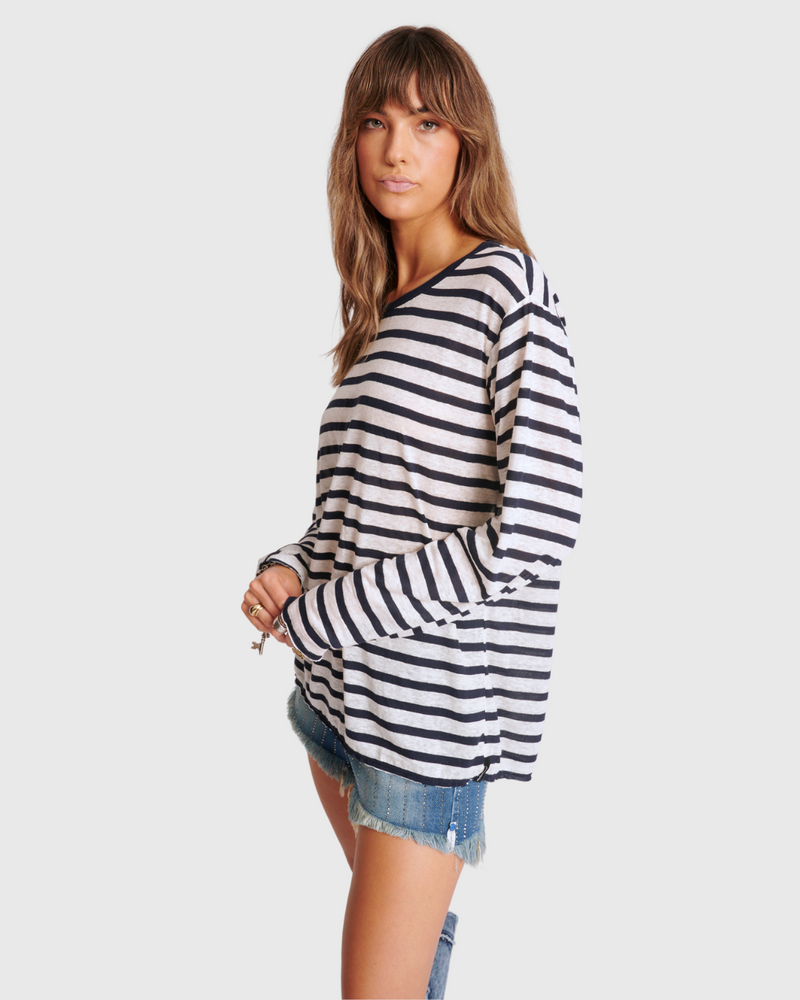 Linen Stripe Long Sleeve Boyfriend Tee Blue/White