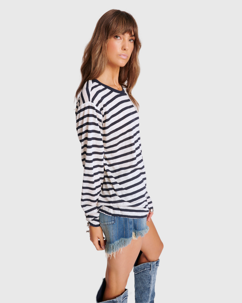 Linen Stripe Long Sleeve Boyfriend Tee Blue/White