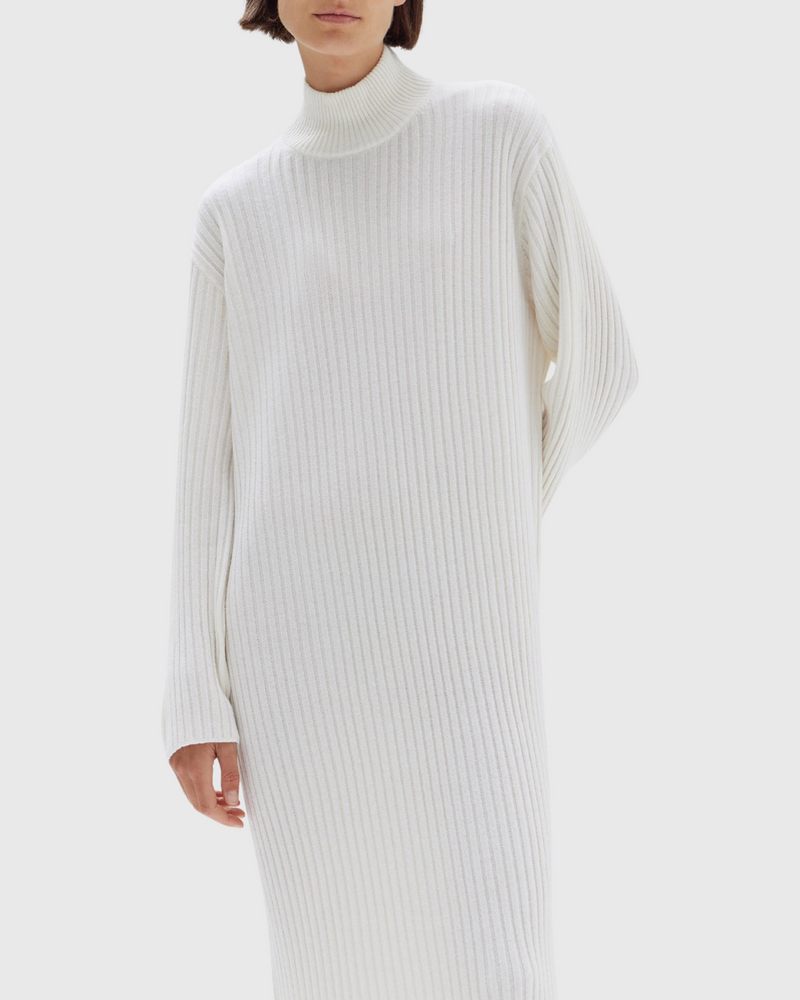 Pearl Roll Neck Knit Dress Cream