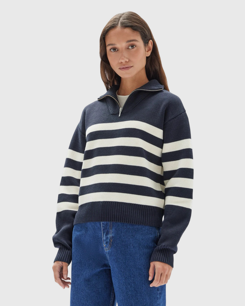 Parisienne Quarter Zip Cotton Jumper True Navy/Antique White