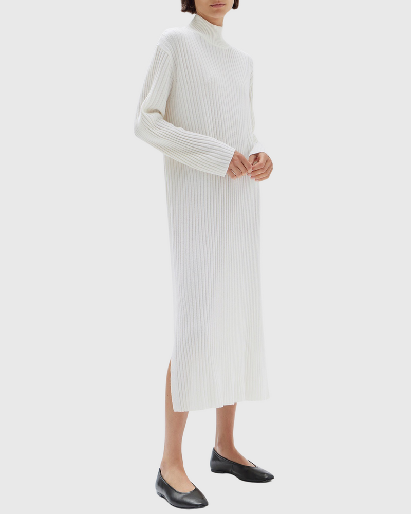 Pearl Roll Neck Knit Dress Cream