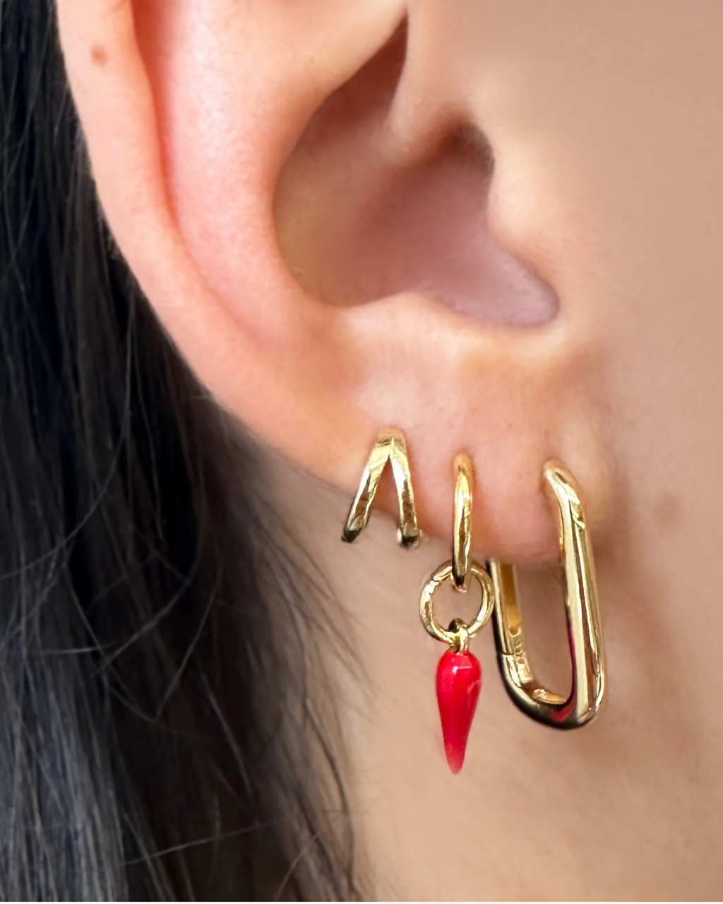 Cornicello Red Charm Earrings Small Gold