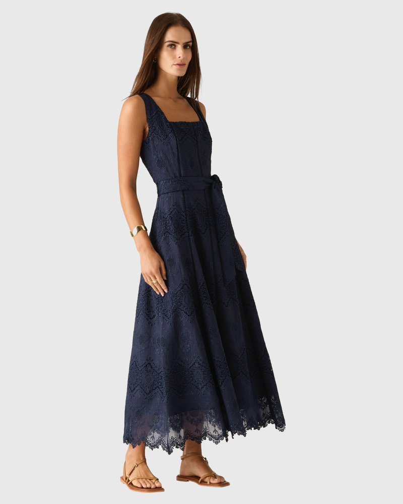 Mariana Embroidery Midi Dress Navy